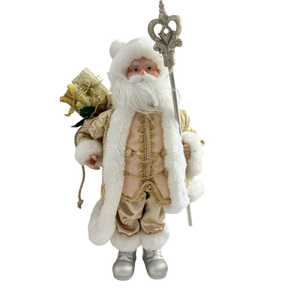 Christmas Winter White & Gold w Fur Santa Claus 18" Figure Table Top Decoration